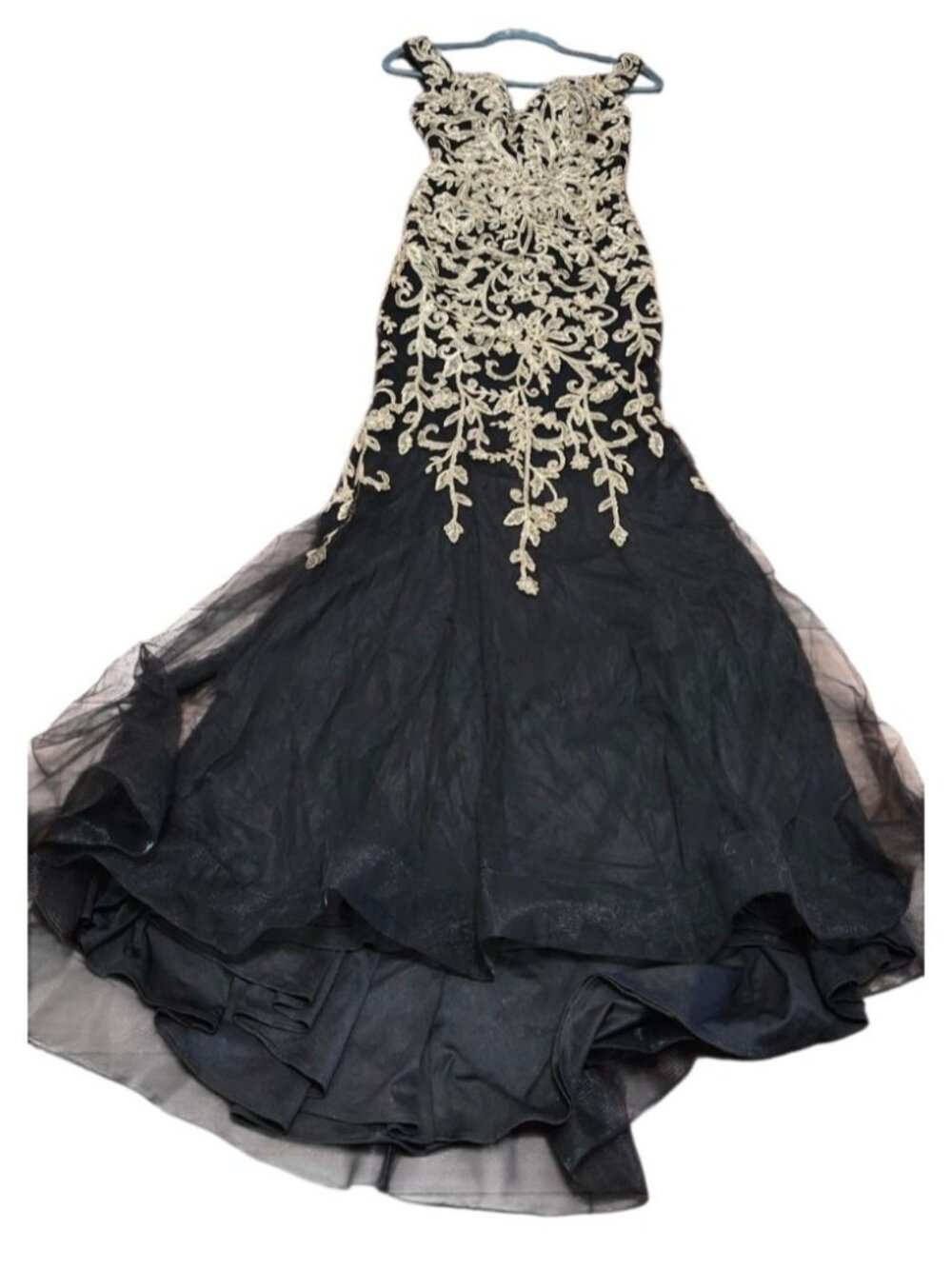 JVN by Jovani Black Gold Embroidered Mermaid Evening Gown Prom Formal Dress 2 - Picture 12 of 15